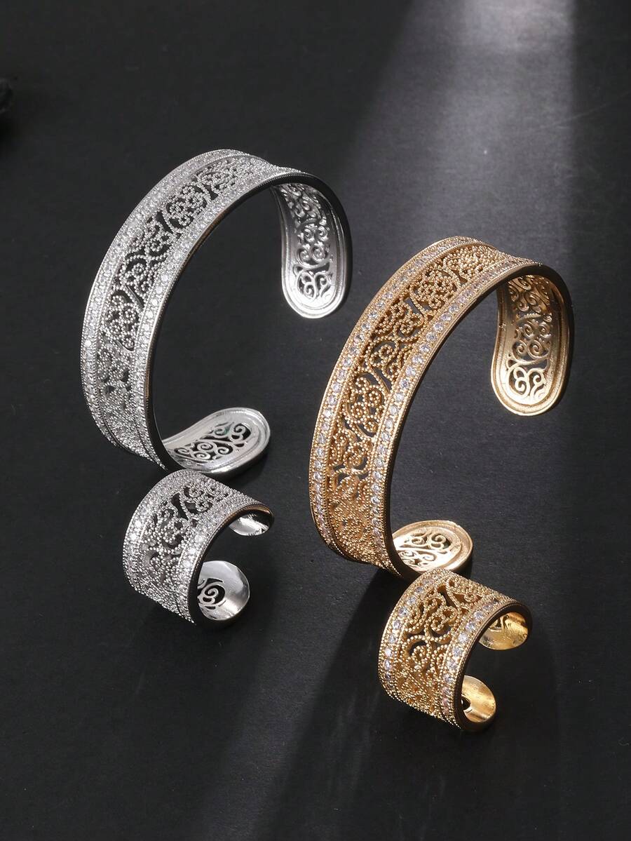 1 Set Luxurious Hollow Sparkling Cubic Zirconia Women's Bracelet & Ring Set, Gold & Silver Color Options, Suitable For Evening Party Wear, Daily Wear, Ramadan Distribution, Eid Al-Adha Gift Choice - Hollow Out Twisted Thread - View 1