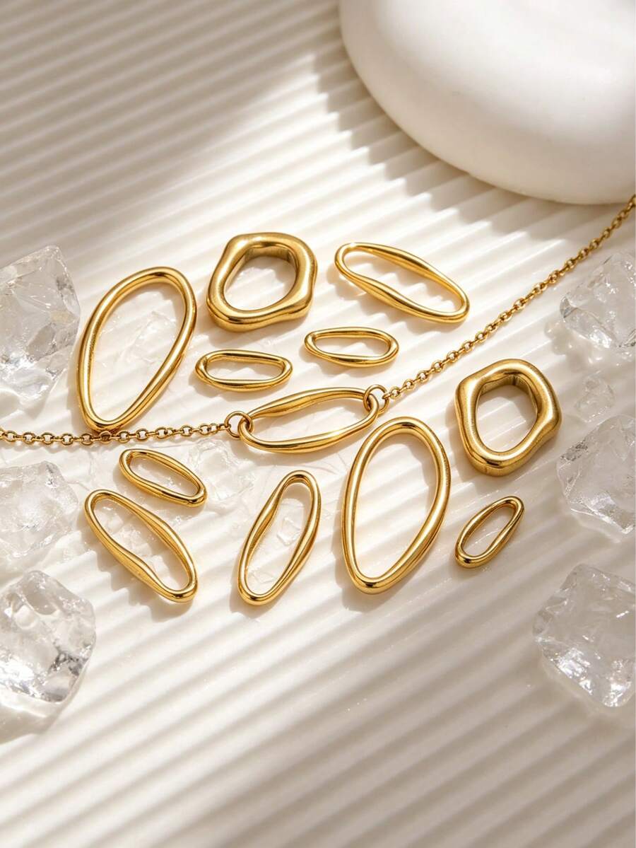 5Pcs 18K Gold Plated Stainless Steel Seamless Asymmetric Bezel Oval Closed Link Rings Waterproof Fade Resistant For DIY Pendant Jewelry Making