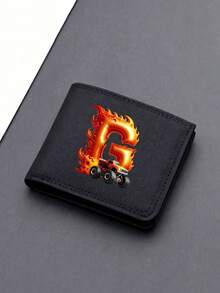 1pc Back To School Mini Cute Cartoon Personalized Fun 26 Excavator Construction Vehicle Flame Letter Print Bifold Wallet, Multiple Card Slots Inside, Can Hold Bank Cards, ID Cards, Cash, Meets Daily Travel Storage Needs. Suitable As Fan Gift, Birthday Small Gift. - Black - View 34