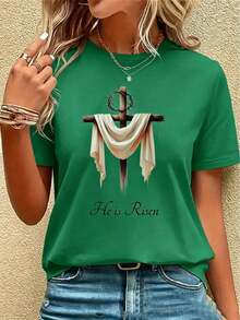 Women's Clothing Versatile Women's T-Shirt With White Religious Pattern - Jesus Cross Design With "He Has Risen" Text, Elastic Top For - Green - View 1