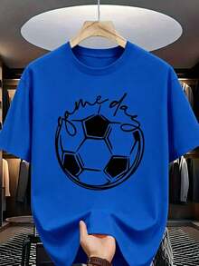 Men's Crew Neck T-Shirt, Printed Shirt For Football Fans And Casual Shirt, Ideal For Sporting Events And Casual Wear, Made Of Comfortable Cotton. - 藍色 - 查看 1