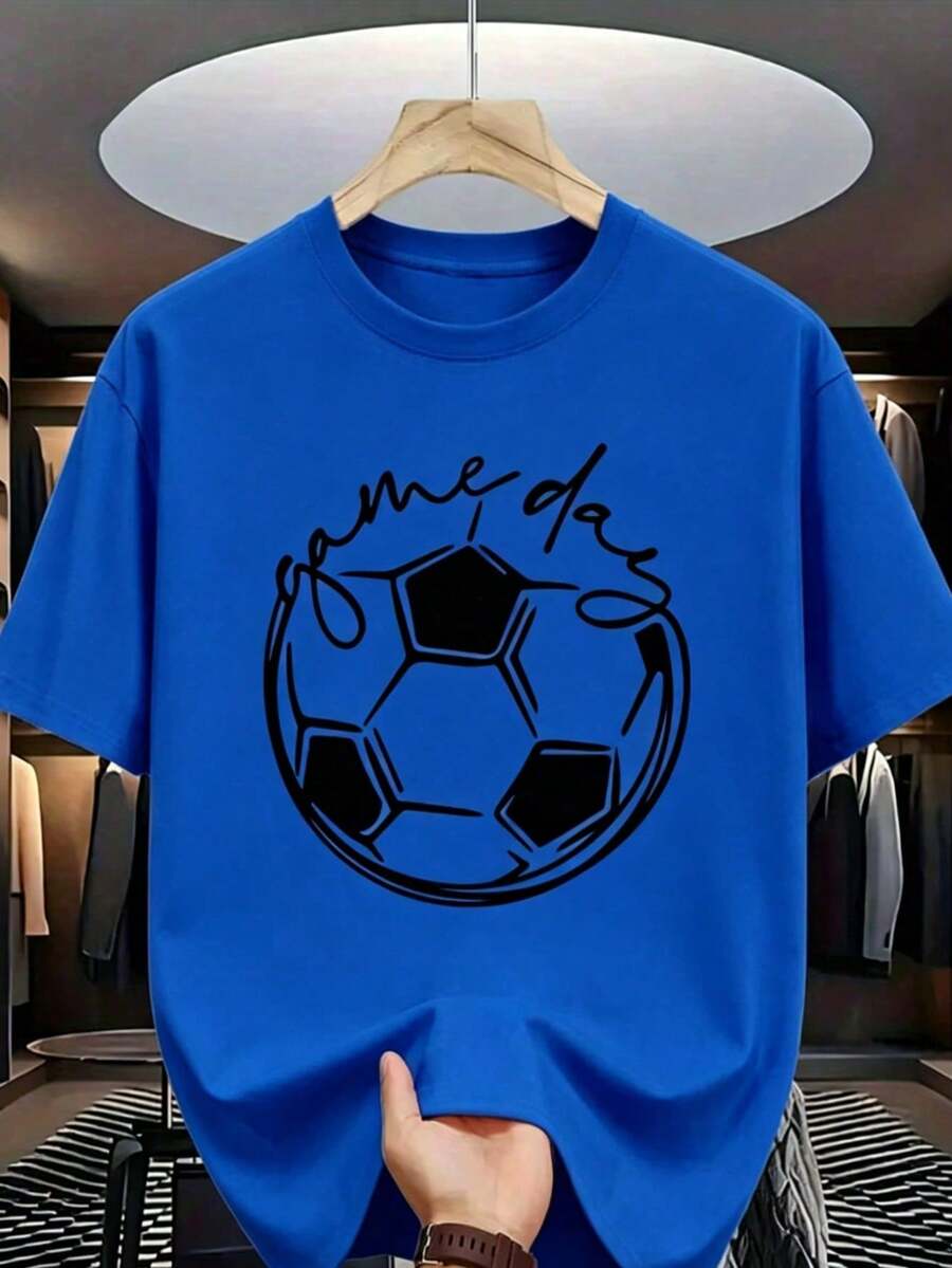 Men's Crew Neck T-Shirt, Printed Shirt For Football Fans And Casual Shirt, Ideal For Sporting Events And Casual Wear, Made Of Comfortable Cotton. - 藍色 - 查看 1
