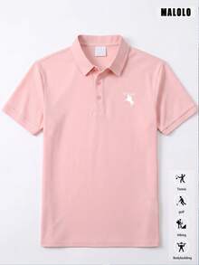 Classic Light Pink Short Sleeve Polo Shirt For Men White Embroidered Horse Logo, Casual Versatile Top For Everyday Daily Outings Sports - Pink - View 4