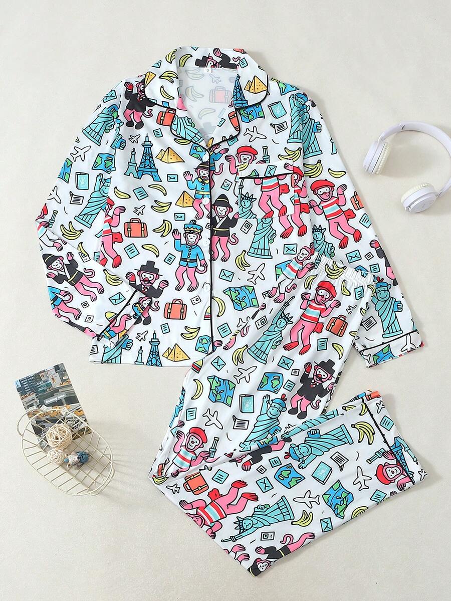 Women's Fall Winter Pajama Set, Fun Monkey Print, Button Front Long Sleeve Top, Elastic Waist Pants, Soft Stretch Fabric - White - View 1