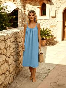 Perfect For Your Vacation! Midi Dress With Thin Straps, Open Back With Drawstring, Lightweight Fabric That Flatters Your Figure. - 天藍色 - 查看 4