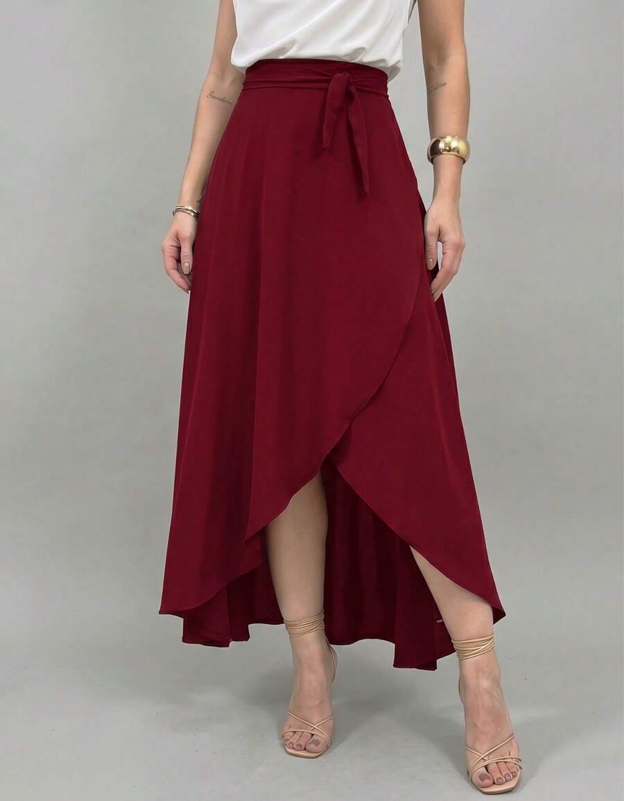 Long Wrap Skirt With Tie-Up Fashion Blogger - Burgundy - View 1