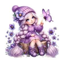 1/2/3pcs Purple Hair Butterfly Girl Heat Transfer Sticker | Gentle Cartoon DIY Heat Transfer Decal, Braided Hair Purple Dress Girl With Violet And Purple Butterfly, Suitable For T-Shirts, Sweatshirts, Sweaters, Canvas Bags, Gentle And Healing - Multicolor - View 1