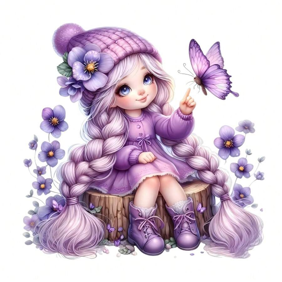 1/2/3pcs Purple Hair Butterfly Girl Heat Transfer Sticker | Gentle Cartoon DIY Heat Transfer Decal, Braided Hair Purple Dress Girl With Violet And Purple Butterfly, Suitable For T-Shirts, Sweatshirts, Sweaters, Canvas Bags, Gentle And Healing - Multicolor - View 1