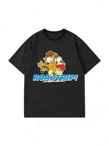 SHEIN | Garfield 女款黑色圓領T恤，兩個卡通角色公路旅行字母印花，寬鬆大碼短袖，適合旅行街頭休閒女孩穿搭 - 黑色 - 查看 3