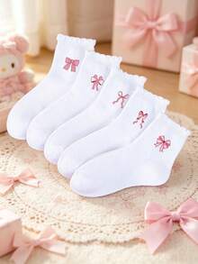 5雙女童可愛粉色蝴蝶結印花短襪，春夏薄款透氣吸汗快乾防滑舒適，公主風校園風休閒中筒襪，適合日常、上學、派對、復活節、生日等場合，蝴蝶結白色拼色荷葉邊襪口設計，女童時尚學生襪，必備襪子，送給女童的最佳禮物 - 彩色 - 查看 1
