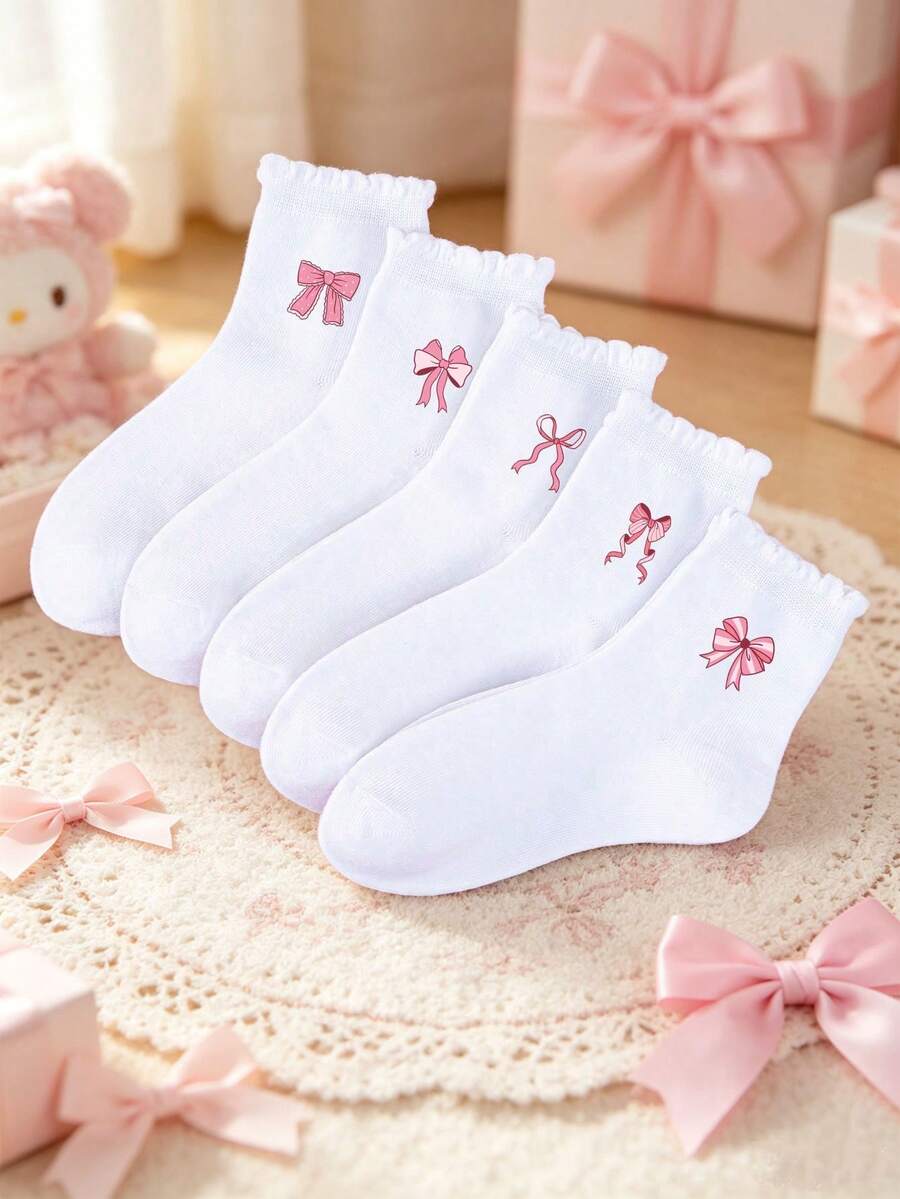 5雙女童可愛粉色蝴蝶結印花短襪,春夏薄款透氣吸汗快乾防滑舒適,公主風校園風休閒中筒襪,適合日常、上學、派對、復活節、生日等場合,蝴蝶結白色拼色荷葉邊襪口設計,女童時尚學生襪,必備襪子,送給女童的最佳禮物 - 彩色 - 查看 1
