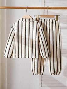 2pcs Toddler Boys' Striped Pattern Long Sleeve Top And Pants Set, Casual And Simple, Spring/Autumn - Apricot - View 2