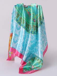 1pc 90*90cm Women Bandana Bohemian Style Fashion Paisley Print Satin Scarf, Daily Casual Elegant Plus Size Headscarf Sun Protection Shawl - Mint Blue - View 2