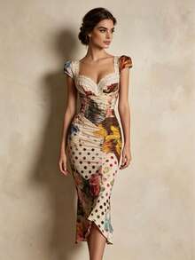 ELYRADIA Robe d'été élégante à imprimé floral et pois - Beige - Voir 9