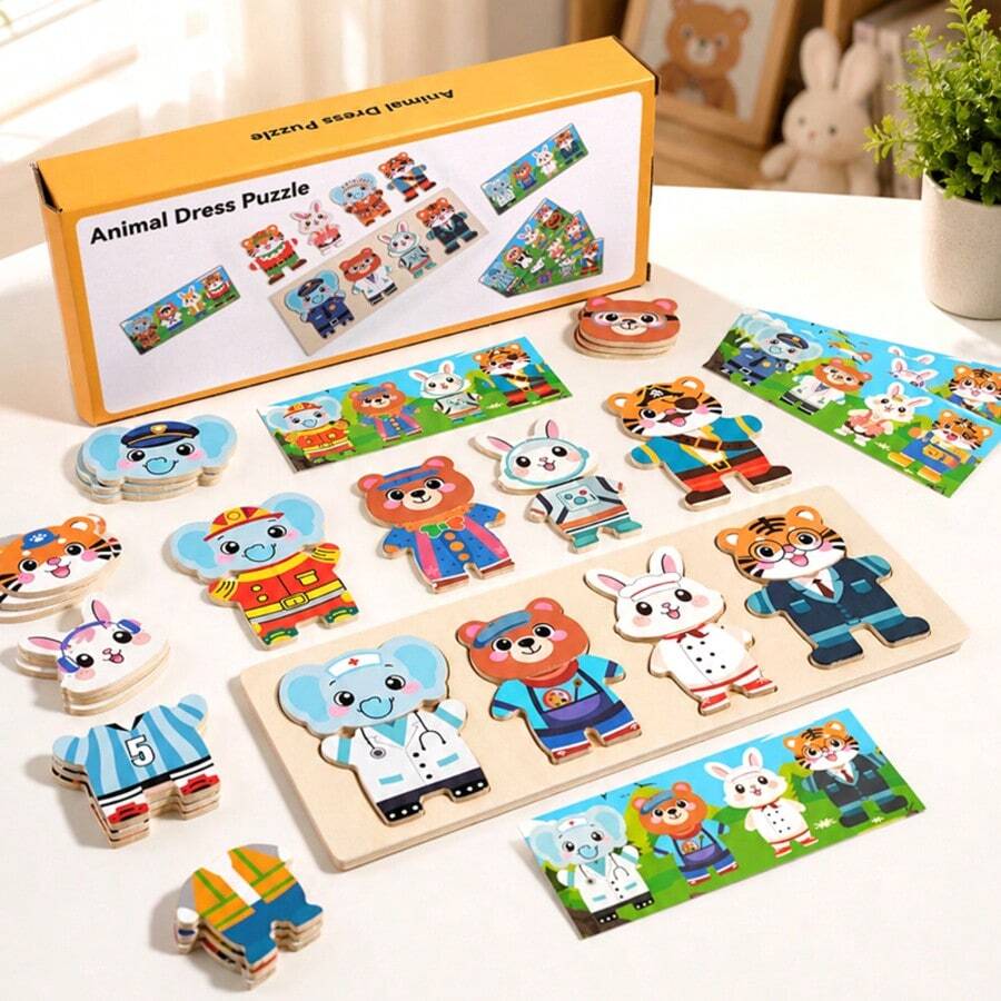 Children's Wooden Educational Early Learning Cartoon Animal Dress-Up Puzzle Toy