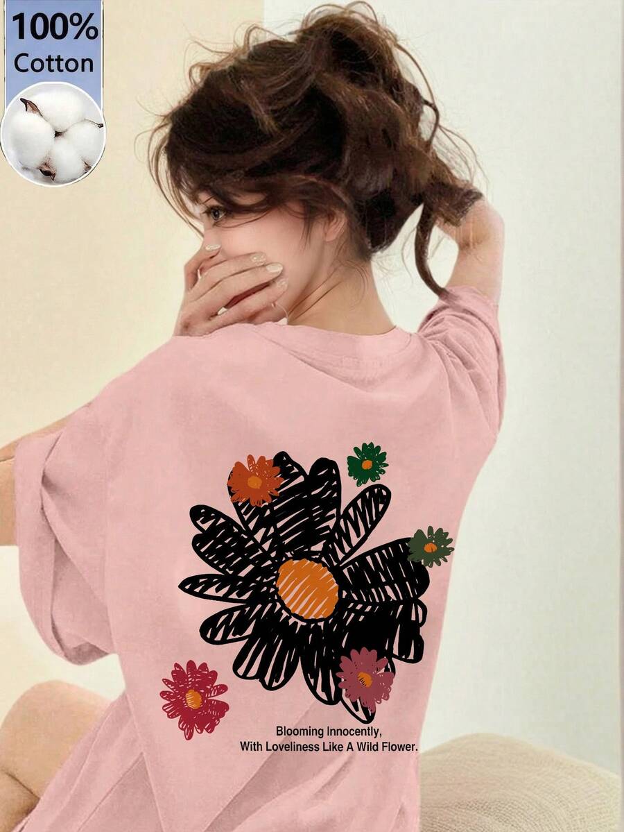 Women's Loose Fit Round Neck Short Sleeve Letter & Floral Print T-Shirt, Spring/Summer Casual Pink - Pink - View 1