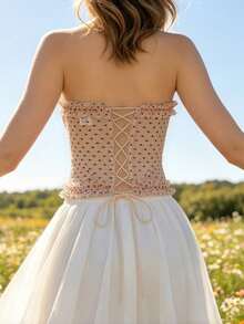 RAHQ Sheer Polka Dot Mesh Cropped Top, Versatile Neutral All-Match Inner Layer, Suitable For Summer Daily Wear - Apricot - View 5