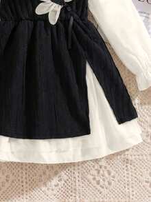 Young Girl' Princess Sleeve Drawstring Collar 3D Floral Mesh Lining Side Slit Fashion Dress - Black - View 5