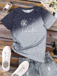 Dandelion Print T-Shirt With The Phrase "Just Breathe", Casual Short Sleeve Top With Round Neck, Women's Clothing - 灰色 - 查看 2