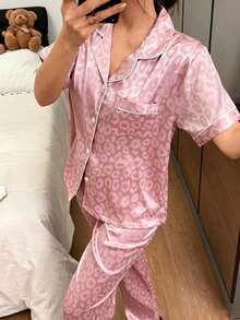 Dreamivo Short Sleeve & Long Pants Jacquard Leopard Print Premium Loungewear Set - Pink - View 5