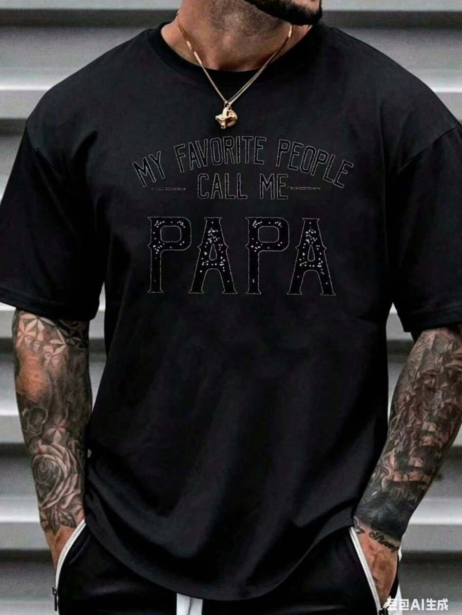 Camiseta Unisex de Manga Corta y Cuello Redondo 100% Algodón: "MI PERSONA FAVORITA ME LLAMA PAPÁ" Camiseta de Verano para Hombre con Diseño Conmovedor de Figura Paterna, Tela Suave HYXY - Negro - Ver 1