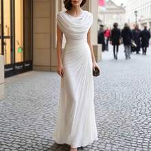 Vestido largo plisado con cuello drapeado, elegante y ajustado, estilo europeo y americano 2026 - Rojo - Ver 7
