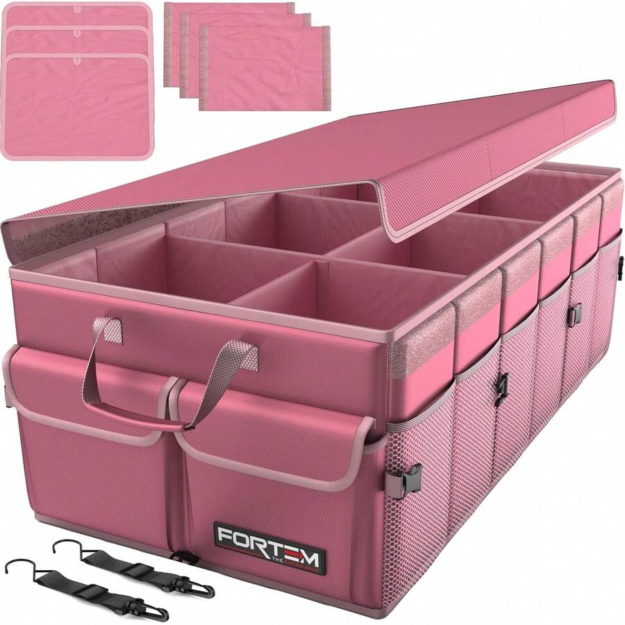 FORTEM Organizador de Maletero Coche y SUV - Organizador de Coche para Almacenamiento - Caja Plegable con 2 Compartimentos Grande - Base Antideslizante - Cinchas Ajustables - Tapa Extraíble (Negro) - Rosa - Ver 1