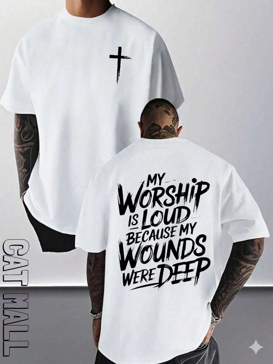 2026 New Men's Short Sleeve Graphic T-Shirt, Jesus Cross Design, Faith, Daily Wear, 100% Cotton, Unisex, Gift Idea For Him Or Her, Religious Clothing, Spiritual Clothing, Design Of - 駝色 - 查看 1