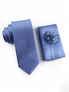 Set Dasi Pria Biru Bergaris 3 Buah, 1 Dasi 6cm, 1 Sapu Tangan Saku, 1 Bunga Kerah, Cocok Untuk Pengantin Pria, Pernikahan, Pesta, dan Pakaian Kerja Sehari-hari - Dusty Blue - View 4