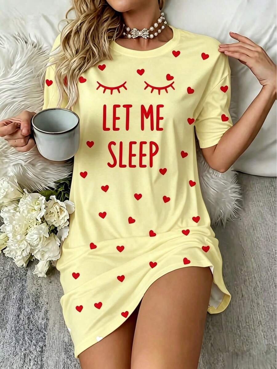 女款「Sleep」標語睫毛圖案睡衣-舒適短袖圓領T恤洋裝,愛心裝飾,四季針織家居服 - 黃色 - 查看 1
