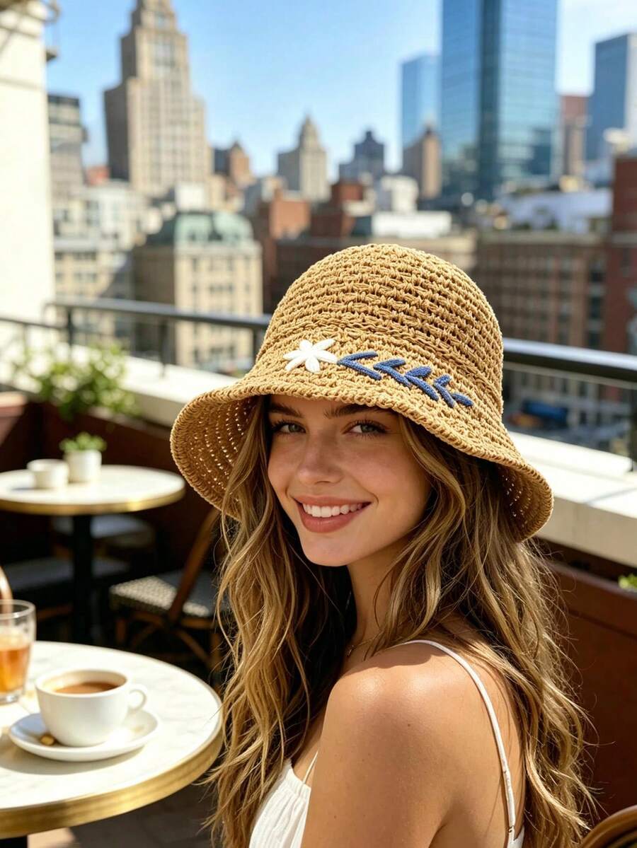 1pc Daisy Embroidered Straw Hat, Windproof, UV Protection, 3D Design, Foldable, Fashion Versatile, Elegant, Soft & Comfortable, Breathable, Multi-Functional, Flattering, Suitable For Beach, Outdoor, Travel, Hiking, Cycling, Dates And More Occasions - A - View 1
