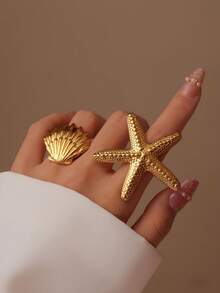 1pc Minimalist Fashion Starfish & Scallop Shell Ring, 18K Gold Plated Stainless Steel Beach Style Vacation Exaggerated Jewelry, Suitable For Women's Daily Wear - Multicolor - View 4