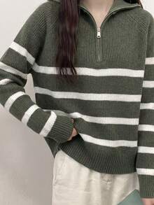 Striped Half-Zip Long Sleeve Knit Sweater - Green - View 3