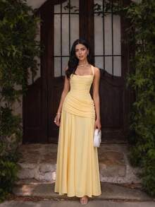 Elegant Sexy Asymmetric Ruched Summer Spaghetti Strap Maxi Bodycon Dress, Women's Nightclub Cocktail Party Dress, Yellow - Yellow - View 6