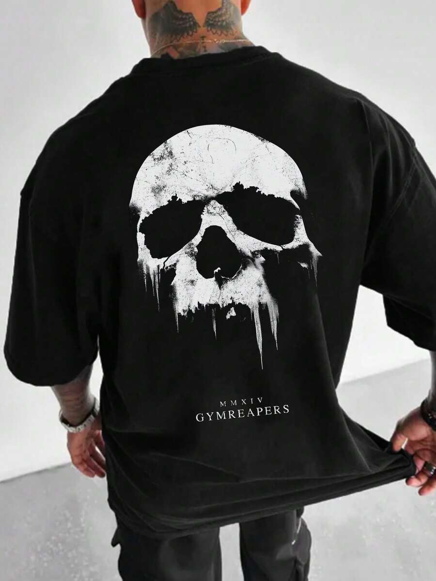 Camiseta de manga corta con cuello redondo y estampado de calaveras para hombre, estilo casual, para verano - Negro - Ver 1