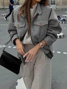 Autumn/Winter High-End Herringbone Flap Pocket Stand Collar Vintage Style Daily Commute Slimming Jacket - Black - View 2