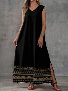 Vestido Maxi Sin Mangas Cuello V con Estampado  , Tela Lino Algodón Holgado con Abertura Lateral Mujer Estilo Boho - Flor negra - Ver 8