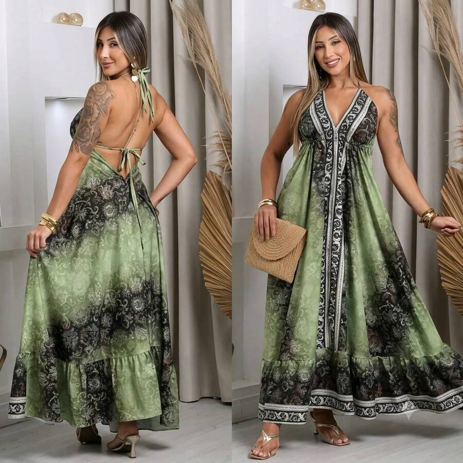 Dress, Random Print, Fabric, Backless / Bare Back, Beach - VERDE CON NEGRO - Ver 1