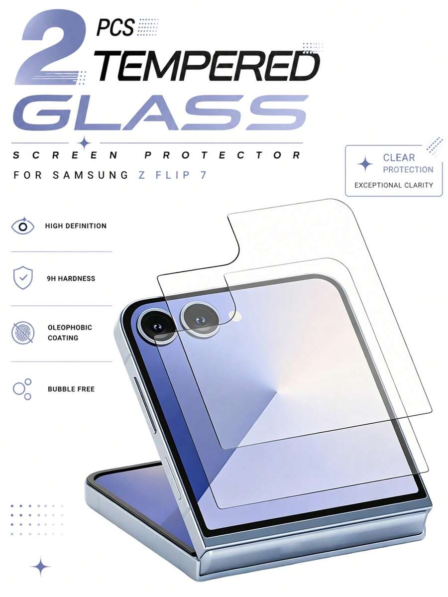 2片裝高清晰透明鋼化玻璃螢幕保護貼，相容 Galaxy Z Flip 8/Z/Z Flip 6/Z Flip 5 折疊手機，全螢幕覆蓋，易安裝，手機配件 - 無色 - 查看 1