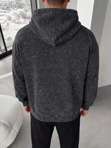 Men's New Casual 2 Pieces Set With Mottled Water-Washed Fabric Hooded Drawstring Sweatshirt And Elastic Drawstring Shorts - Black - View 7