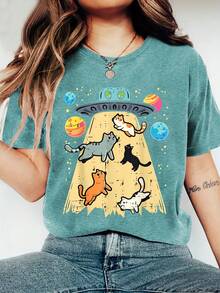 Adorable Cat Print, Comfortable, Soft, Elegant, Vintage, Casual, Versatile For Parties, Available In Sizes S-XXL, Suitable For Spring, Summer, Autumn And Winter, Sporty Style KWCN - 紅色 - 查看 6