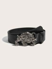 1pc Women's Western Cowgirl Antique Gold Vintage Buckle Printed Leather Belt, Suitable For Daily Wear - Black - View 1