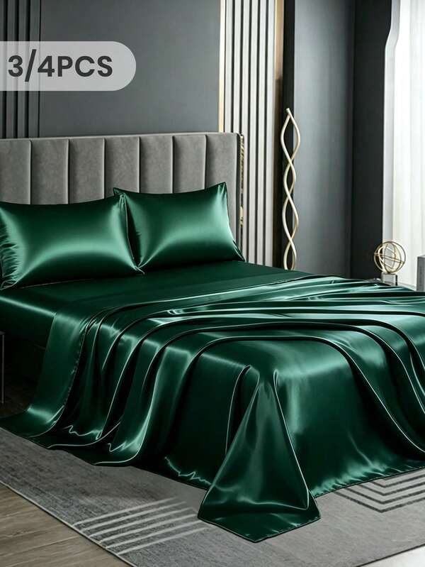 3/4pcs Satin Fitted Sheet Set, Bedding Set, Bed Sheets, Solid Color Bed Sheet Set, Bedroom Decor, Soft Silky Sheets For Hair And Skin, Similar To Silk Bed Sheets Set For Single, Twin, Full, King And Queen Bed Sizes, Machine Washable