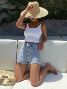 Pantalones cortos de mezclilla de estilo casual y sexy para mujer, shorts de verano - Azul lavado oscuro - Ver 5
