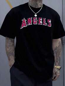 amiseta deportiva Graphic Angels de 180 g, 100% algodón, 1 pieza, ropa urbana, corte holgado, estilo urbano, estampado digital, estilo casual hip-hop, corte suelto, Topmanfinity para hombre. - Negro - Ver 1