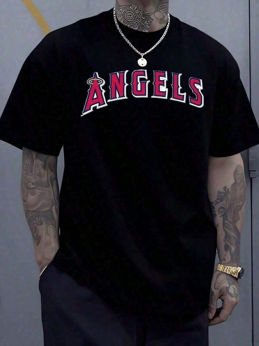 amiseta deportiva Graphic Angels de 180 g, 100% algodón, 1 pieza, ropa urbana, corte holgado, estilo urbano, estampado digital, estilo casual hip-hop, corte suelto, Topmanfinity para hombre. - Negro - Ver 1