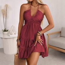Vestido tirantes finos cuello V volantes hombros descubiertos mujer euroamericano - Negro - Ver 4
