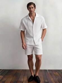 2pcs Men's Summer Set, Lightweight Breathable Cuban Linen Shirt And Drawstring Shorts Set, Vintage Gentleman Style Casual - White - View 1