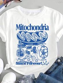 Camiseta de mujer con gráfico científico Mitochondria, ilustraciones azules de célula, ADN, energía y letras Since Forever, diseño académico con detalles de laboratorio - Blanco - Ver 1