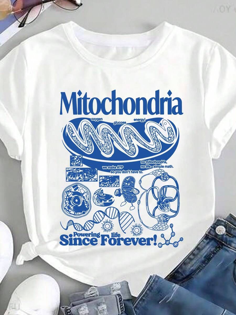 Camiseta de mujer con gráfico científico Mitochondria, ilustraciones azules de célula, ADN, energía y letras Since Forever, diseño académico con detalles de laboratorio - Blanco - Ver 1
